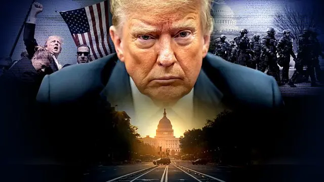 Composite image shows Donald Trump’s portrait above Capitol Hill, law enforcement on the right and Trump’s picture after an attempted assassination on the left