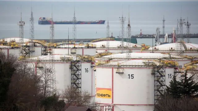 Tankers in the sea and fuel storage tanks in the foreground at the Russian port of Tuapse