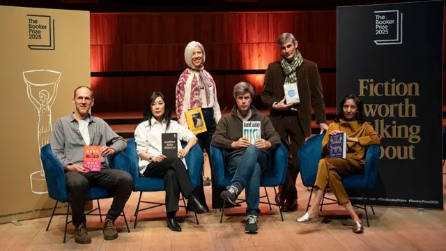 (L to R seated) Ben Markovits, Katie Kitamura, David Szalay, Kiran Desai. (Standing) Susan Choi, Andrew Miller, attending the Booker Prize shortlisted authors 2025 photocall,