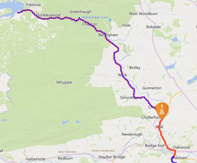 Screenshot of the tracker showing Sara around Chollerford, close to Hexham