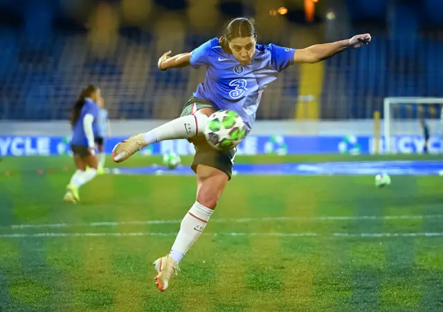 Sam Kerr of Chelsea warms up prior to the UEFA Women's Champions League 2025/26 League Phase MD3 match between SKN St.Pölten and Chelsea FC Women at NÖ Arena on November 11, 2025 in St. Poelten, Austria.