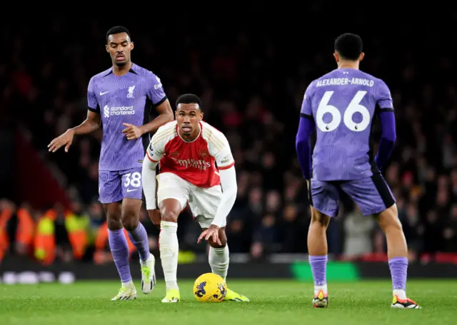 Gabriel of Arsenal prepares to take a quick free-kick