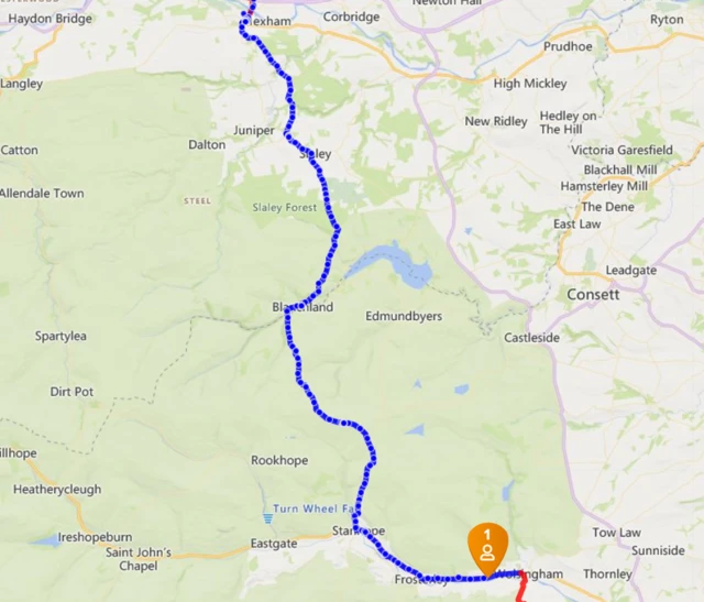 A map showing Sara almost at Wolsingham