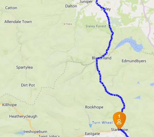 A map showing Sara due to arrive at Stanhope