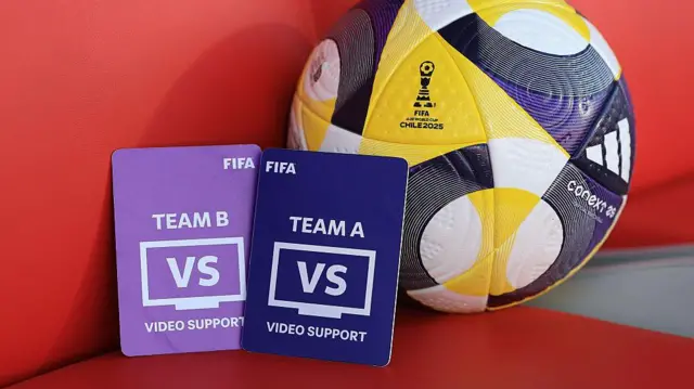 Football Video Support review cards next to the match ball at the Fifa Under-20 World Cup