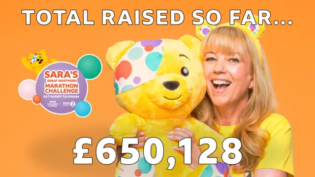 Graphic with Sara Cox and Pudsey Bear with the words 'TOTAL RAISED SO FAR... £650,128'