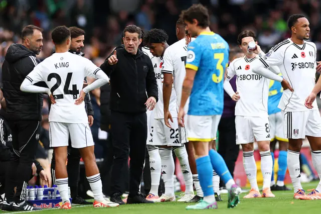 Manager Marco Silva speaks with his Fulham players on the touchline