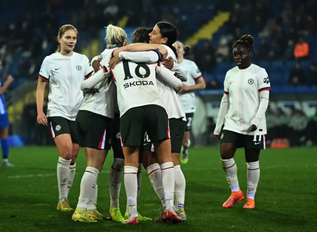 Chelsea's Sam Kerr celebrates scoring their fourth goal with teammates