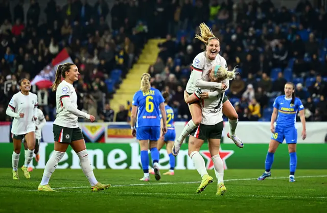 : Wieke Kaptein of Chelsea celebrates scoring her team's first goal