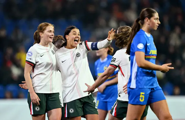 Sam Kerr of Chelsea celebrates scoring her team's sixth goal with teammates