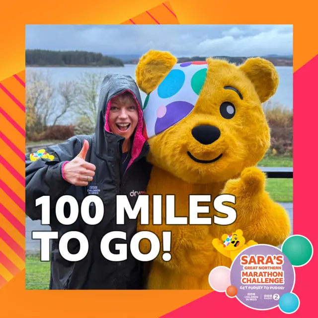 100 miles to go! Sara and Pudsey give the thumbs up