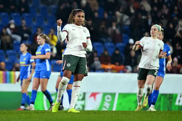 Catarina Macario of Chelsea celebrates scoring her team's third goal during the UEFA Women's Champions League 2025/26 League Phase MD3 match between SKN St.Pölten and Chelsea FC Women at NÖ Arena on November 11, 2025 in St. Poelten, Austria.