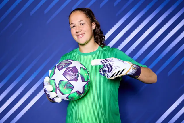 Livia Peng pointing at the Champions League ball