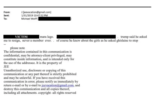 A third email has a redacted name and reads: “Trump said he asked me to resign,” Epstein wrote, adding, “never a member ever. . of course he knew about the girls as he asked to Ghislaine to stop.”