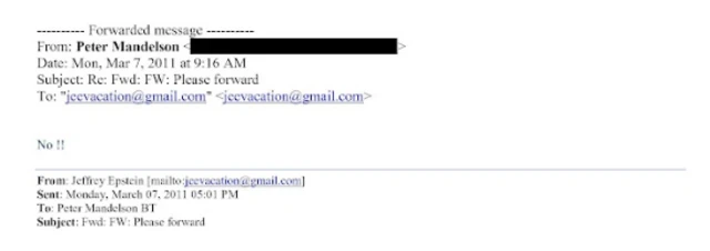 Email from Peter Mandelson to Jeffrey Epstein reading: "No!!"