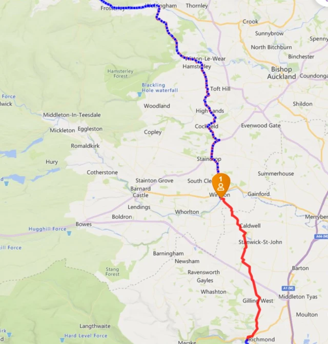 Map from Wolsingham to Richmond