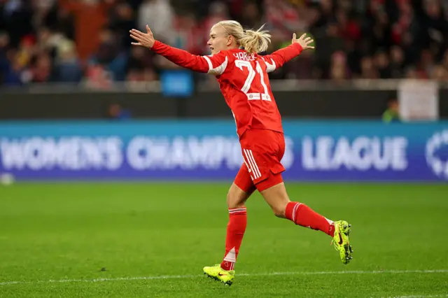 Pernille Harder of Bayern Munich celebrates scoring her teams second goal