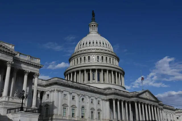 The US Capitol Building against a blue sky with clouds