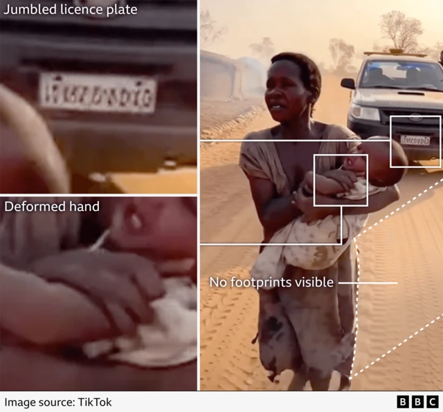 A screengrab from the video with the jumbled licence plate, the deformed hands and the lack of footprints highlighted