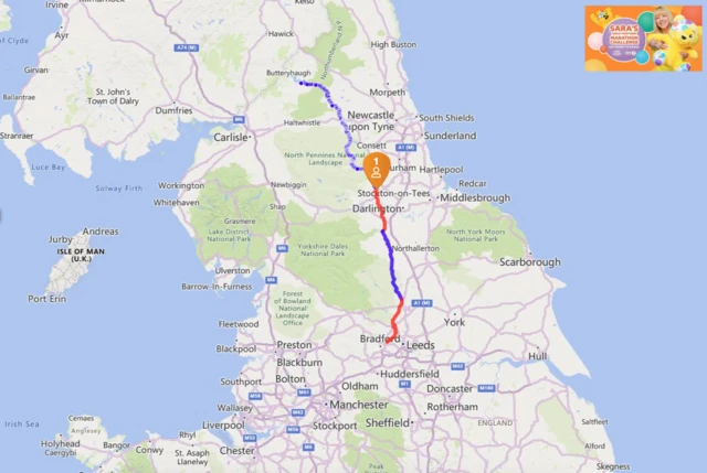 A map of the UK tracking the Children in Need marathon route from the Scottish Borders to Pudsey.