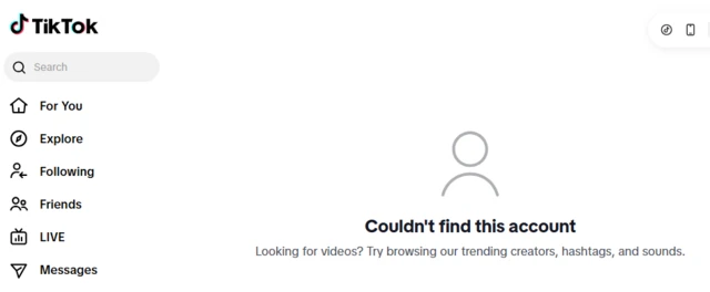 A screenshot showing a deleted TikTok account