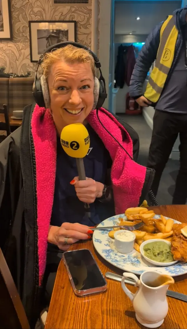 Sara Cox with some fish and chips