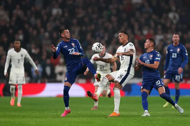 Morgan Rogers of England and Aleksa Terzic of Serbia battle for possession