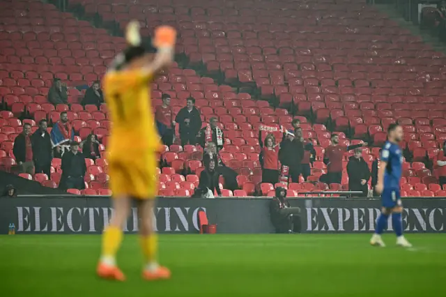 Empty red seats are pictured as a handful of Serbian fans watch the play
