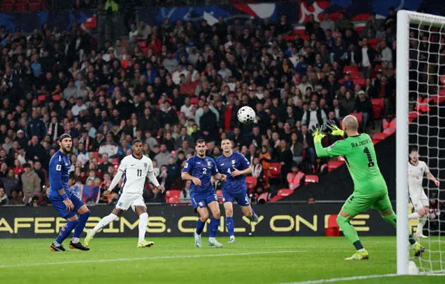 Predrag Rajkovic of Serbia saves a shot from Marcus Rashford