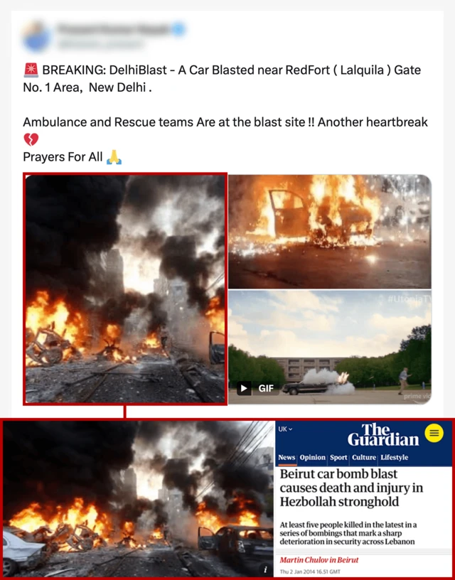 An annotated graphic showing the original tweet that uses two old images - the bottom one of a car on fire was taken from a 2014 Guardian article