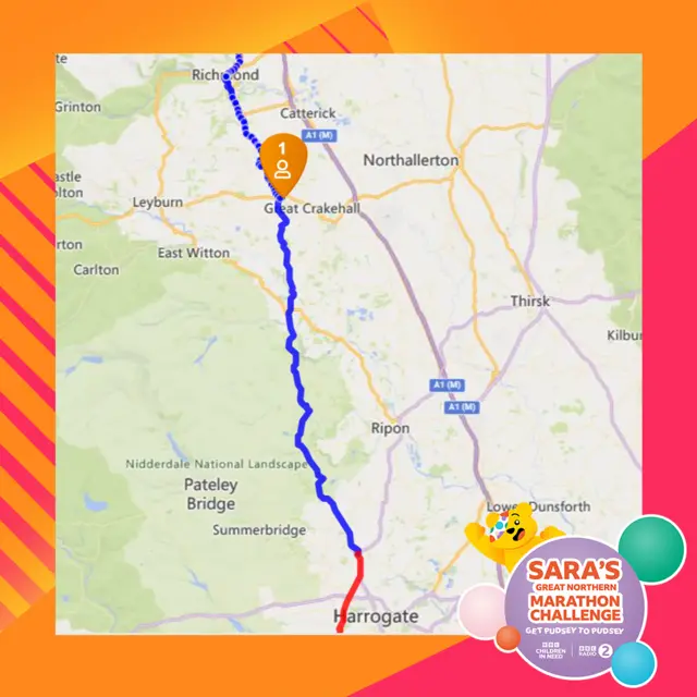 Screengrab showing Sara Cox and Pudsey on the map