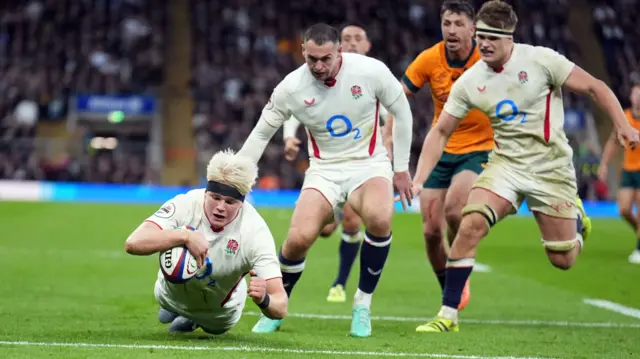 Henry Pollock scores a try for England
