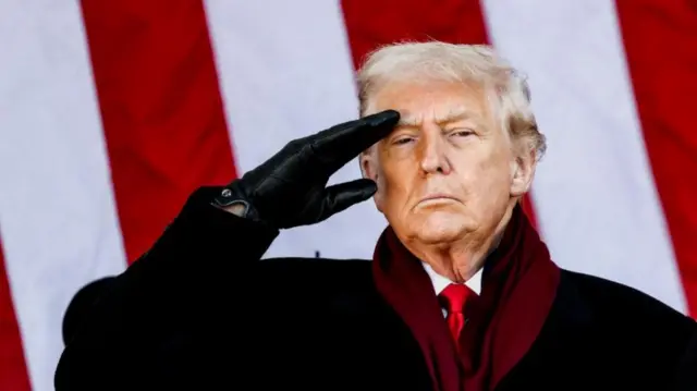 Trump wears a black coat and salutes at a Veteran’s Day commemoration at Arlington Cemetery. Theres an American flag behind him