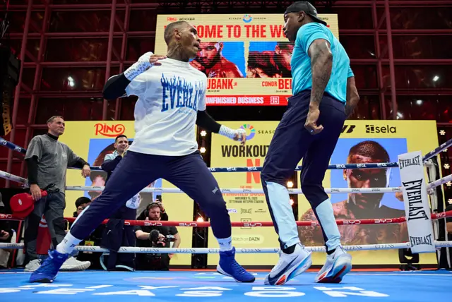 Conor Benn and Nigel Benn in the ring shadow sparring