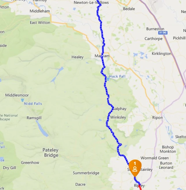 Map showing Sara nearly at Ripley