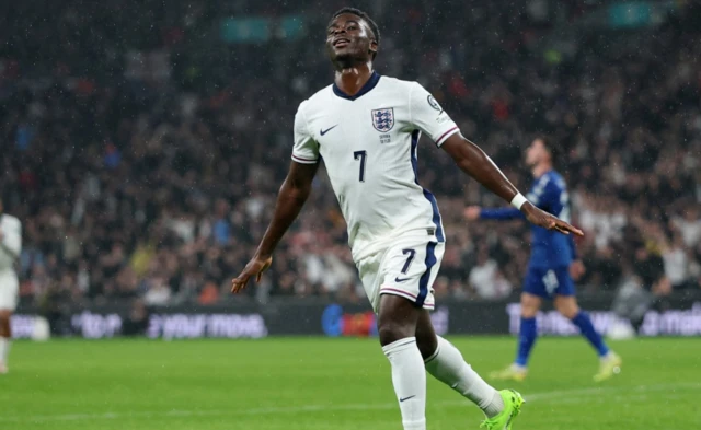 England's Bukayo Saka celebrates scoring