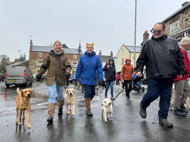 Three dogs and their owners, walking in the rain and smiling