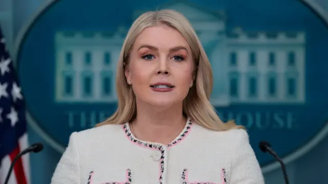 Karoline Leavitt stands at a podium speaking. The background is blurred but you can see that it reads 'The White House'