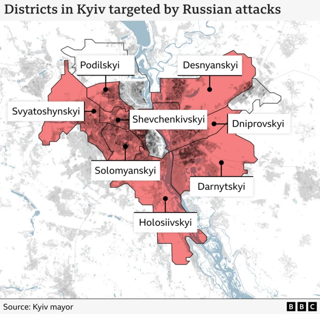 Map showing in red that most areas of Kyiv were hit in Thursday night's strikes