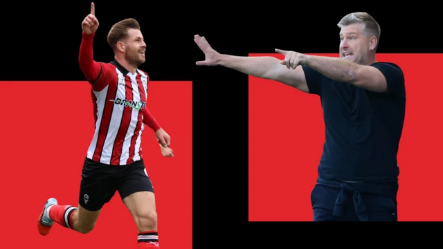 Lincoln striker James Collins celebrates while Salford City boss Karl Robinson gesticulates to his players