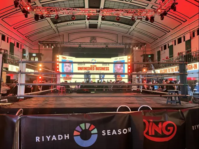 Boxing ring in middle of York Hall before Chris Eubank Jr and Conor Benn weigh-in