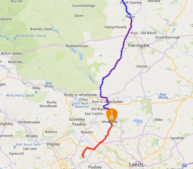 Map showing Sara's route to Pudsey