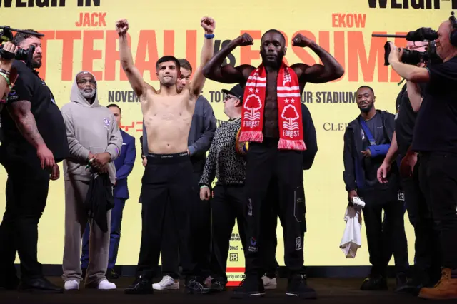 Jack Catterall and Ekow Essuman pose for pictures at a weigh-in