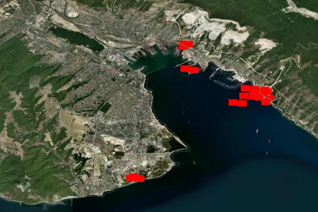 Red rectangles show where Firms has detected heat sources - likely fires - in the Russian city of Novorossiysk