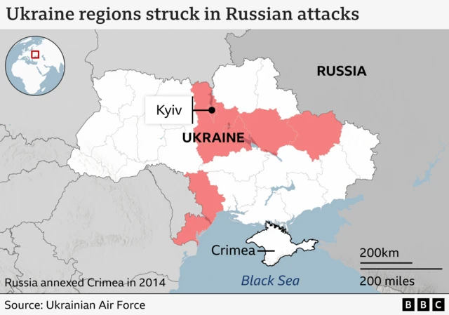 A map of Ukraine showing in red the regions affected by overnight strikes stretching from Kyiv in the north to Odesa to the south