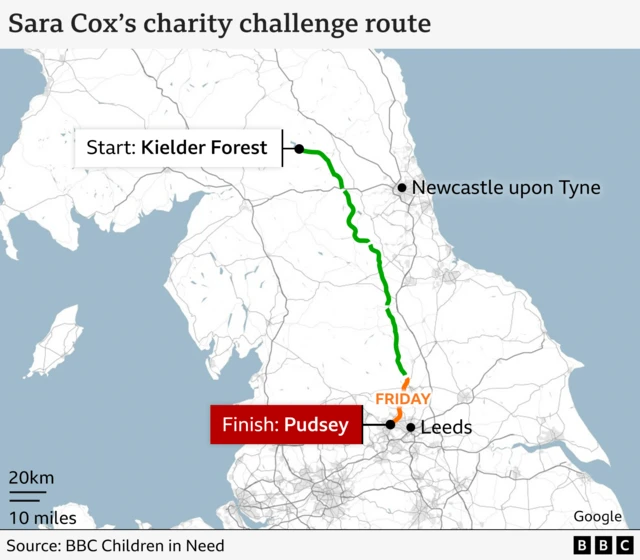 A map of the north of the UK, showing a starting point of Kielder Forest, weaving down south towards Leeds, and ending at Pudsey