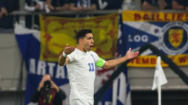 Greece's Anastasios Bakasetas celebrates as he scores to make it 1-0 during a 2026 FIFA World Cup Qualifying match between Greece and Scotland at Georgios Karaiskakis Football Stadium