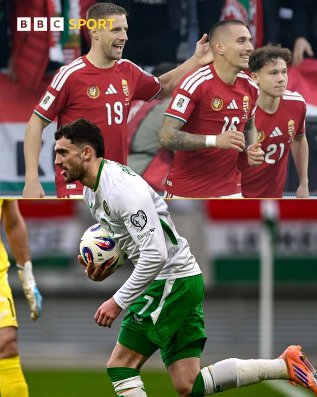 Daniel Lukacs of Hungary celebrates and Troy Parrott of the Republic of Ireland celebrates