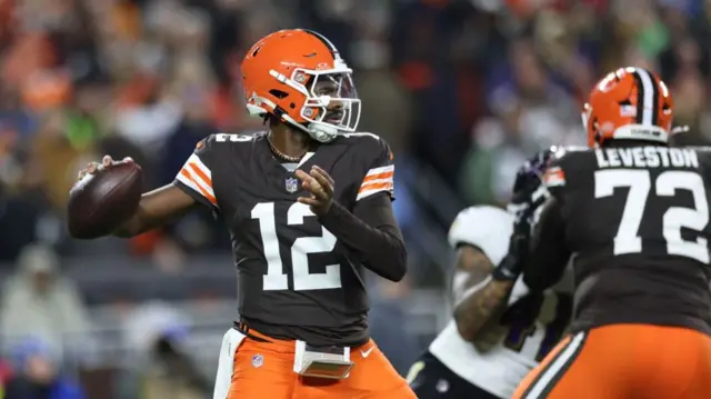 Cleveland Browns quarterback Shedeur Sanders drops back to pass against the Baltimore Ravens