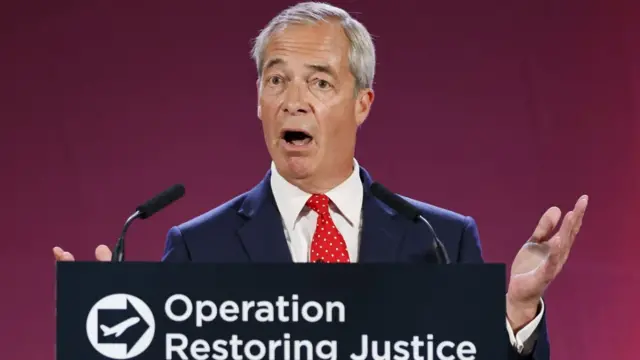 Nigel Farage giving a speech at a lectern that says operation restoring justice
